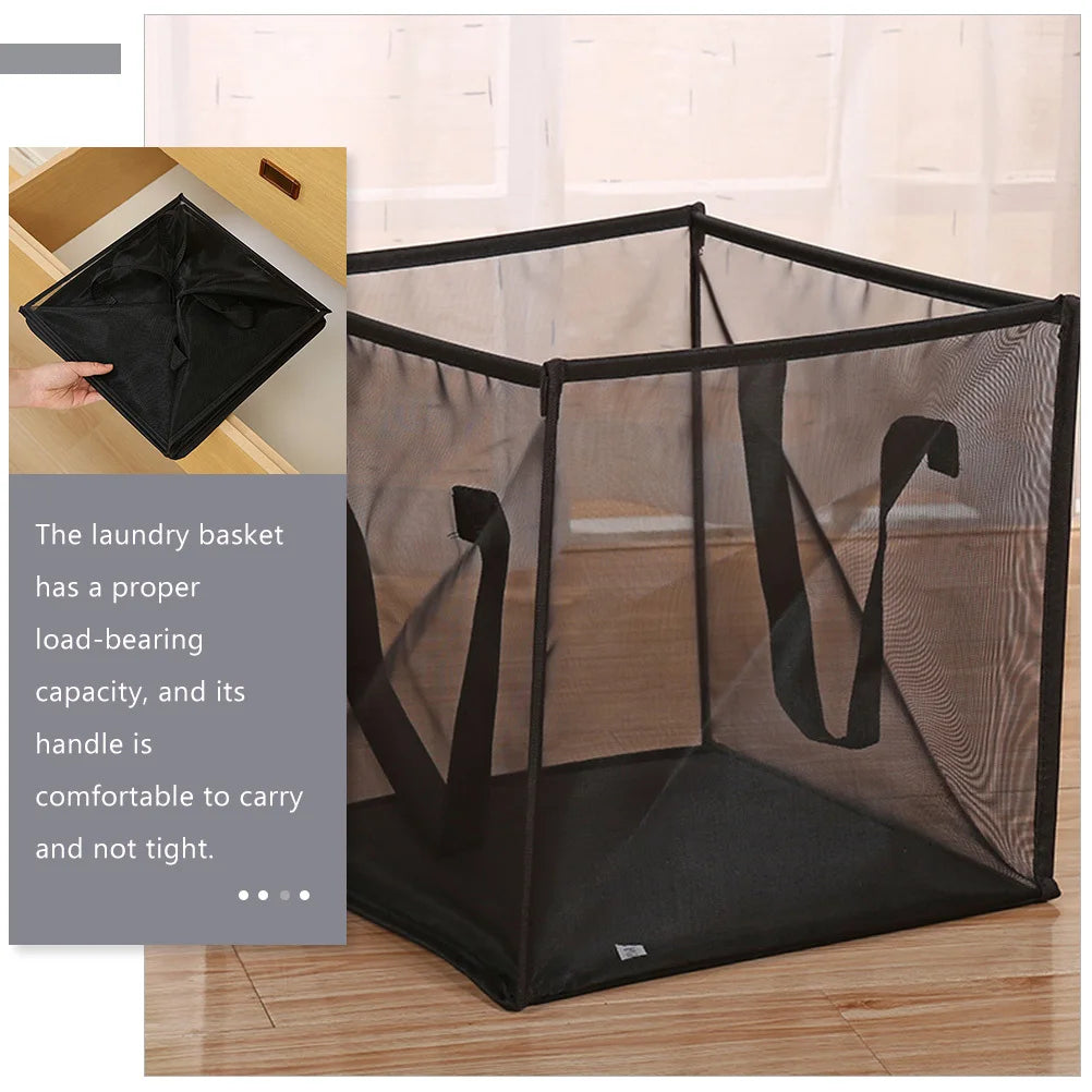 Portable foldable mesh laundry basket with durable handles