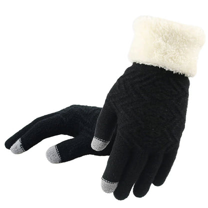Knitted gloves with plush lining and touchscreen compatibility