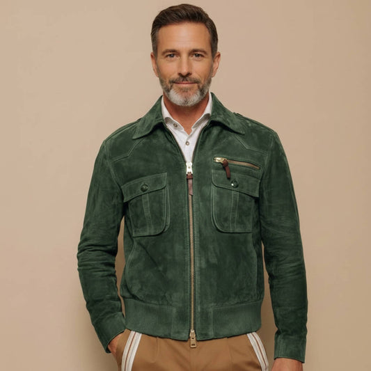 Men's Retro Suede Jacket with Lapel, Front Zipper, and Chest Pocket