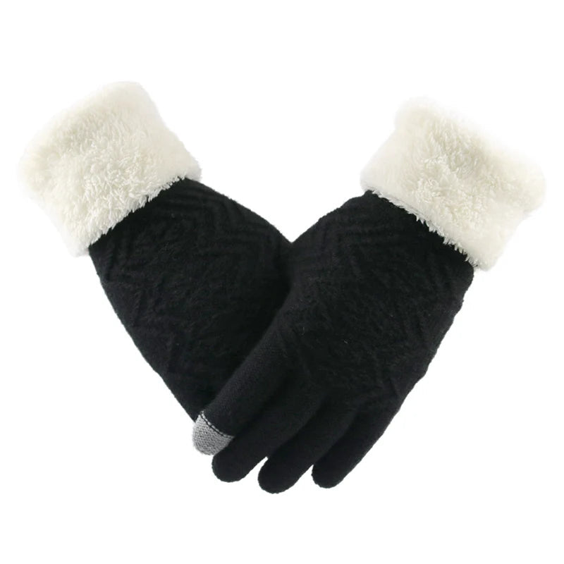 Knitted gloves with plush lining and touchscreen compatibility