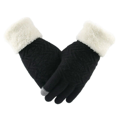 Knitted gloves with plush lining and touchscreen compatibility