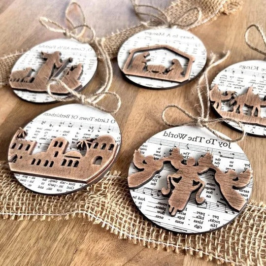 Enchanting Nativity-Inspired Music Sheet Ornament Collection