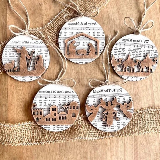 Enchanting Nativity-Inspired Music Sheet Ornament Collection