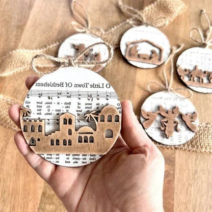 Enchanting Nativity-Inspired Music Sheet Ornament Collection