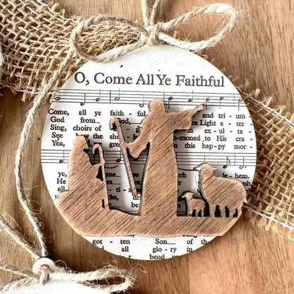 Enchanting Nativity-Inspired Music Sheet Ornament Collection