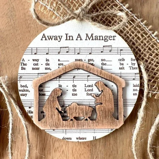 Enchanting Nativity-Inspired Music Sheet Ornament Collection