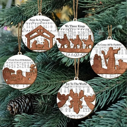 Enchanting Nativity-Inspired Music Sheet Ornament Collection