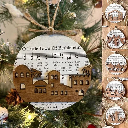 Enchanting Nativity-Inspired Music Sheet Ornament Collection