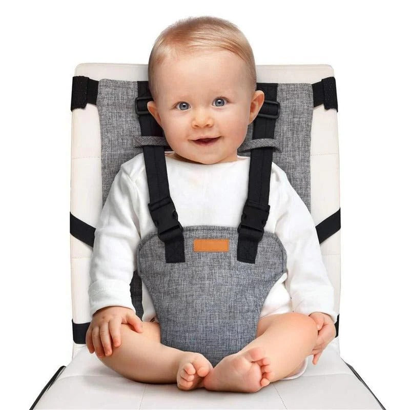 Travel-ready compact high chair with adjustable harness