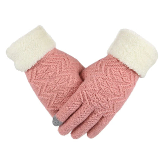 Knitted gloves with plush lining and touchscreen compatibility